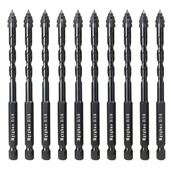 Mgtgbao 10PC Black 3/16” Upgraded 4-Flute Serrated Carbide Masonry Drill Bit Set, 5mm Serrated Concrete Drill Bit for Plastic Glass Brick Cement Tile Marble Wood.-0