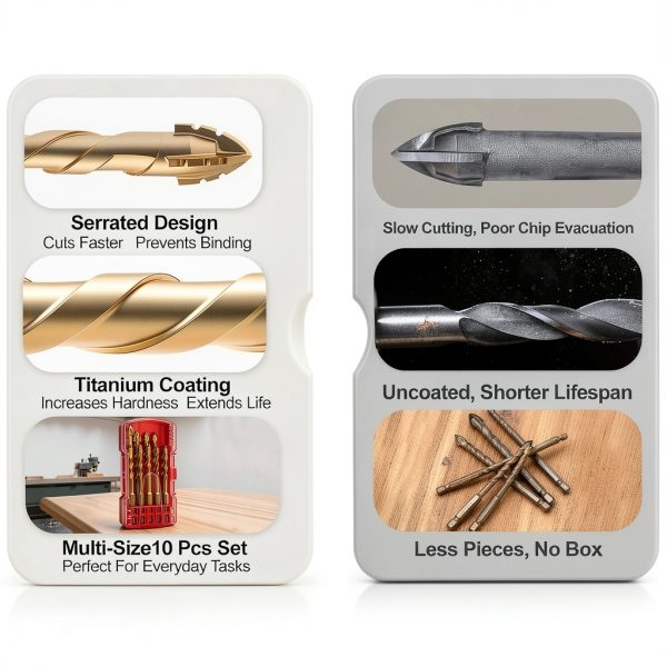 10pcs Masonry Drill Bit Set,Concrete Drill Bit,Four Blade Serrated Eccentric Carbide Drill Bits for Brick/Plastic/Ceramics/Tile/Wood/Marble 3/16"-1/2"-5